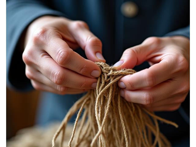 職人が伝統的な漁網を丁寧に編み込む手元のクローズアップ写真。