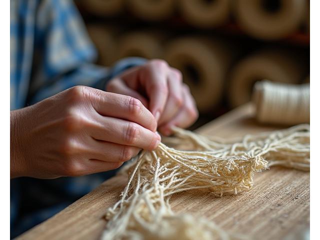 熟練した職人が丁寧に手織りの漁網を修理している様子、背景には古い漁網が丁寧に保管されているラック