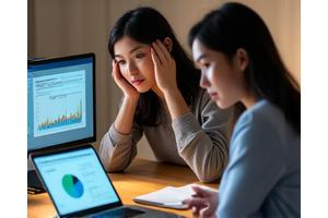 ノートパソコンの画面に表示された環境データ分析グラフを、二人の人物が確認している様子