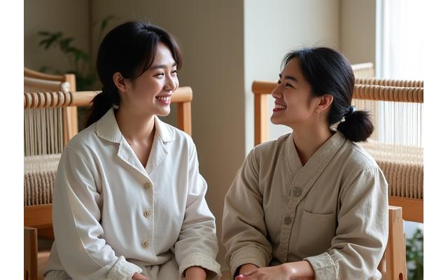 日本人と外国人の参加者が笑顔で言葉を交わしながら織り物をしている