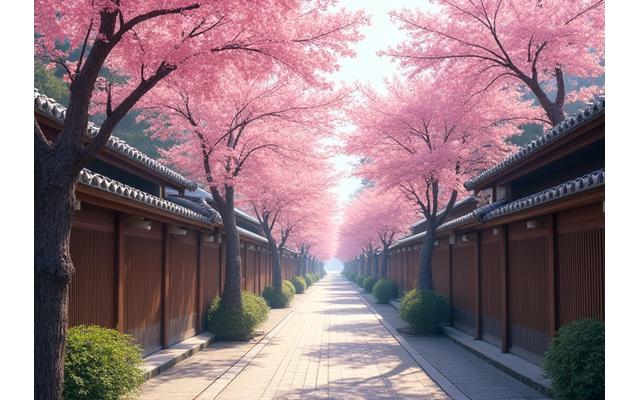 京都東山の古い町並みが広がる風景、桜が咲いている